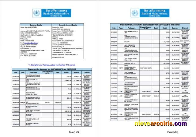 India Bank of Maharashtra statement of account Word and PDF, 2 pages